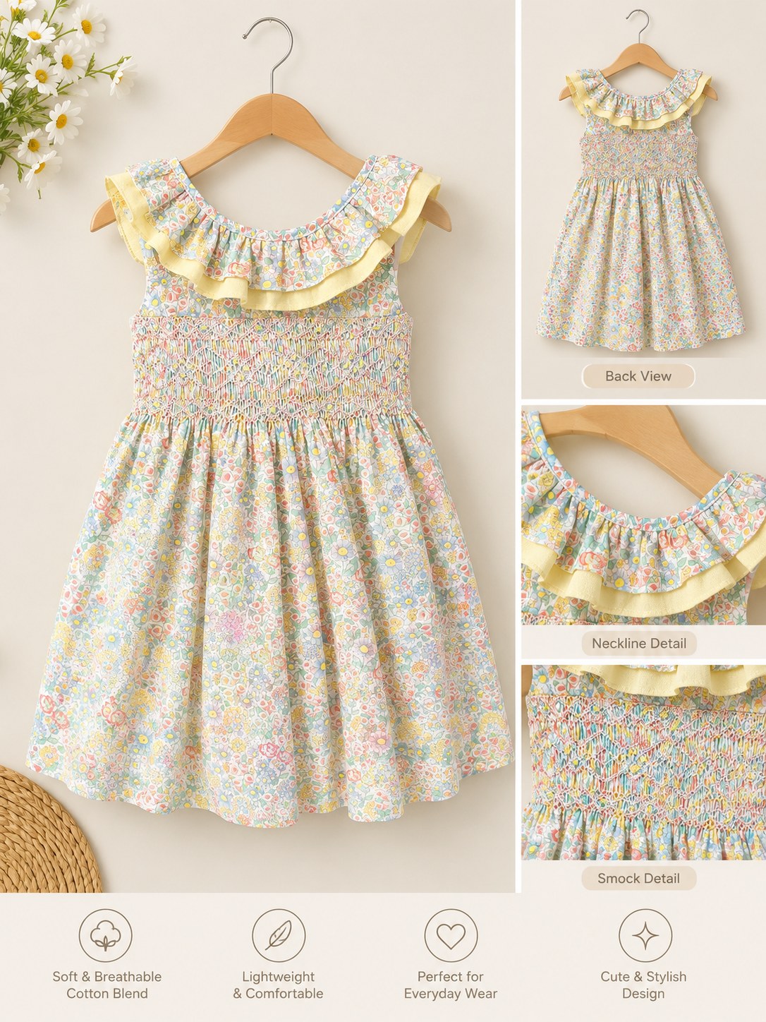 Girls floral dress with ruffled neckline and smocked detail