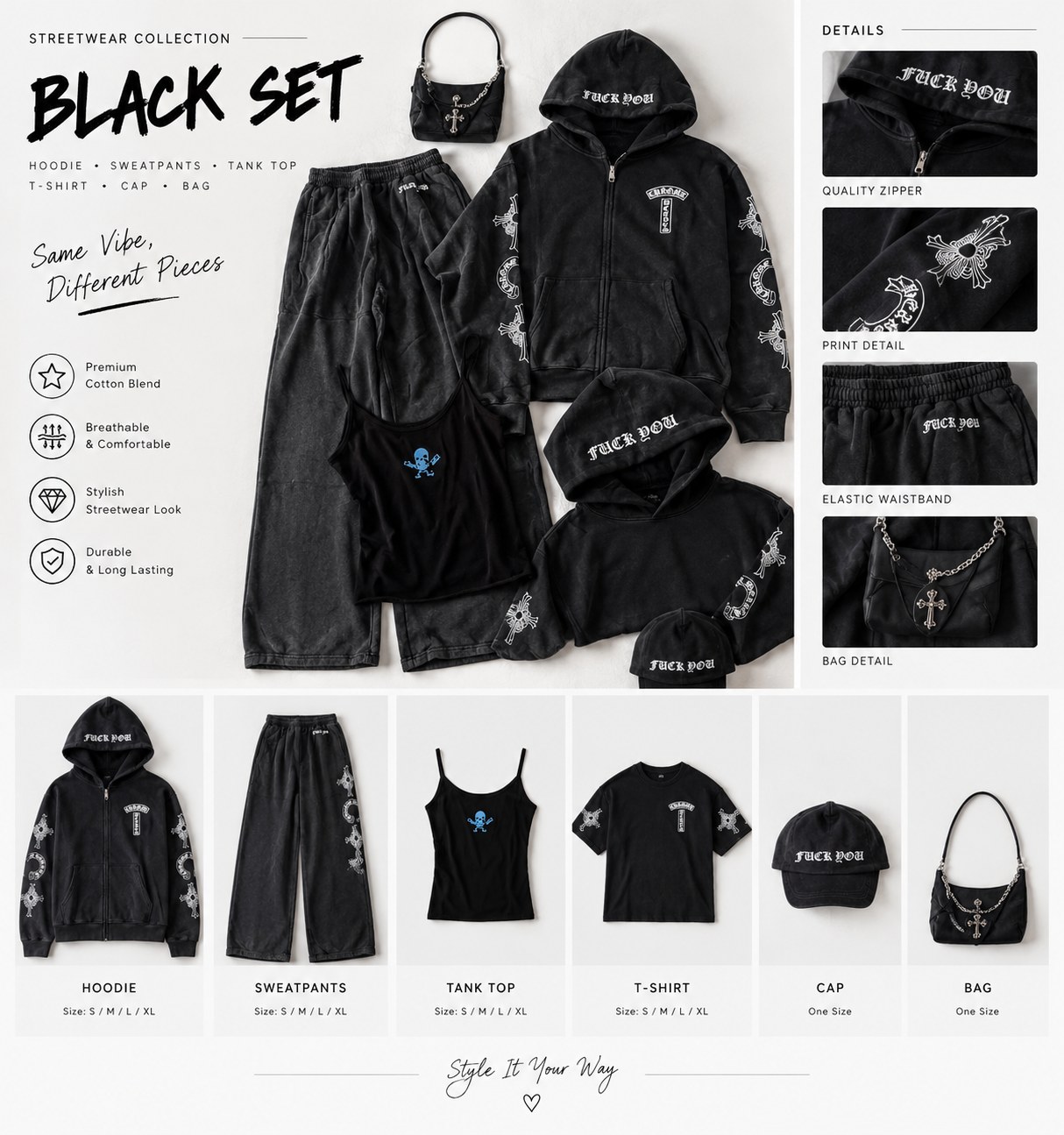 Black streetwear clothing set with hoodie, sweatpants, tank top, T-shirt, cap and bag