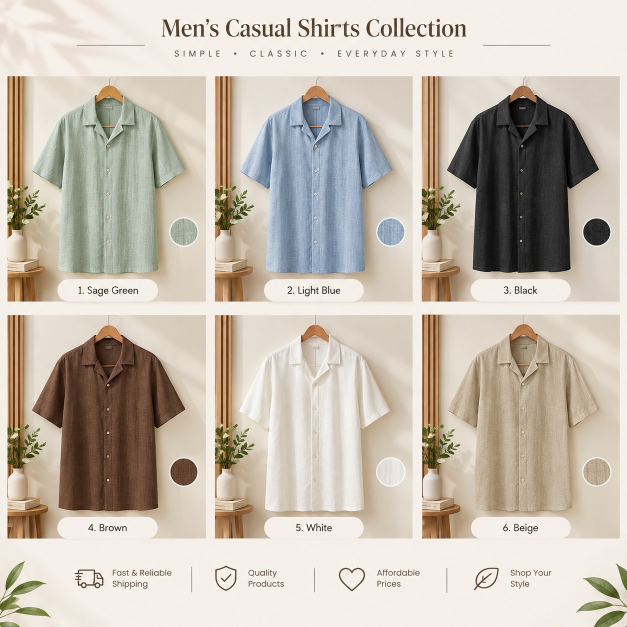 Men's casual shirt collection in sage green, light blue, black, brown, white and beige
